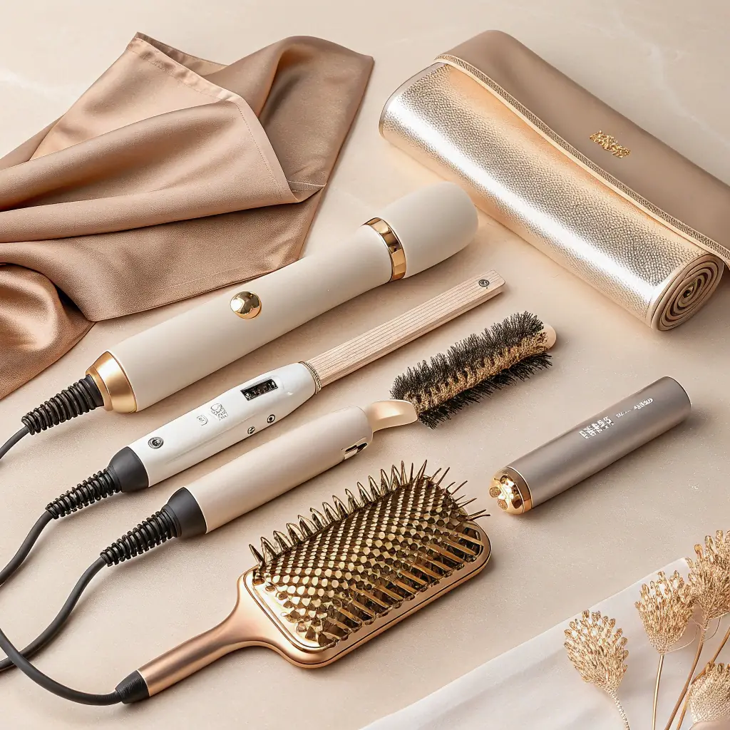 Close-up of silky, straight fine hair with a soft champagne gold brush accent, minimal luxury background.