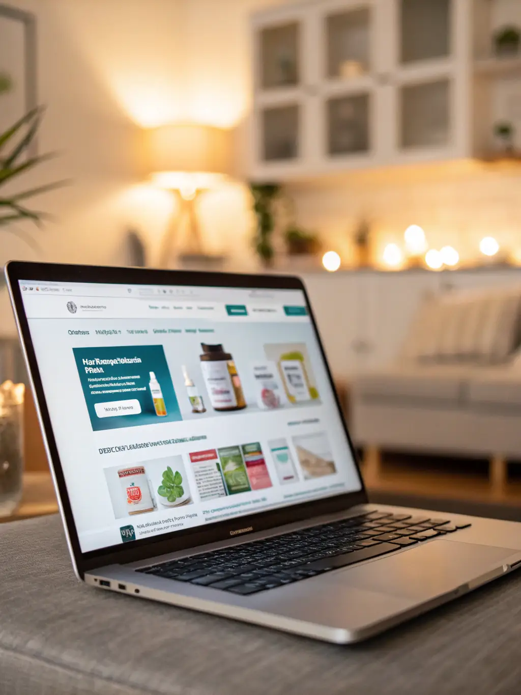 A dynamic product carousel on a laptop screen, highlighting smart product recommendations with glowing accents and luxury product images, all in a refined, minimal setting.
