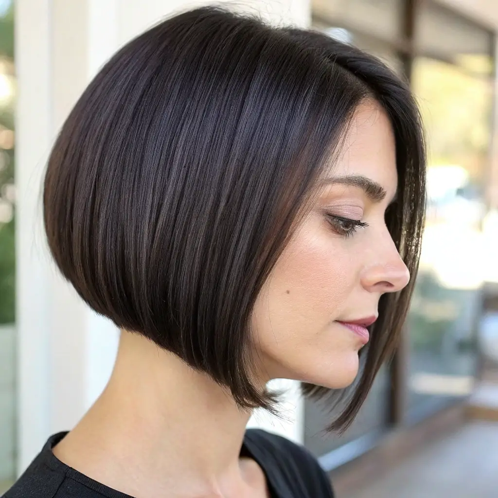 Soft, shiny hair with subtle highlights, styled with a luxury straightener, elegant neutral background.