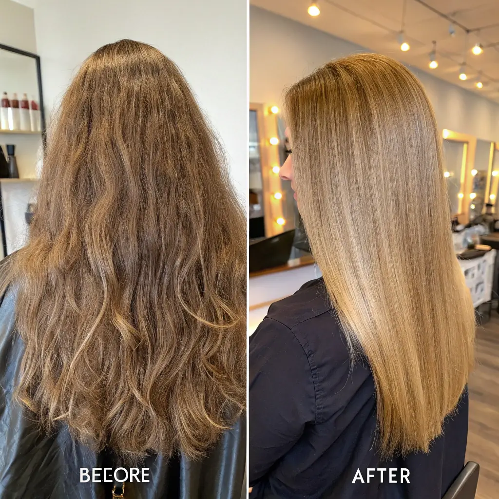 Before and after split: damaged hair on one side, healthy restored hair on the other, with a gold accent comb.