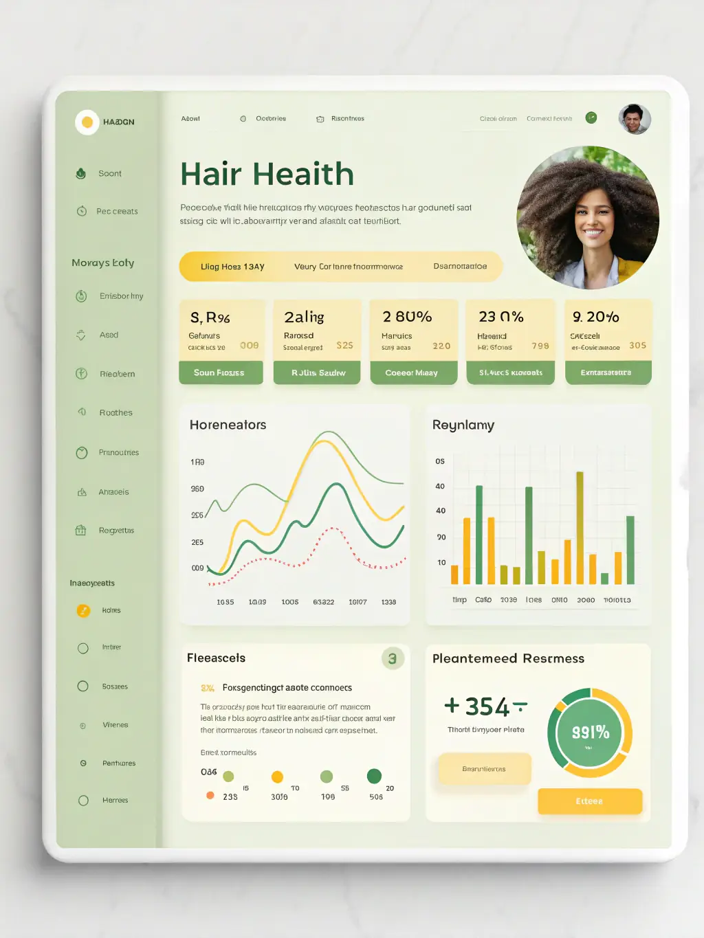 A futuristic dashboard view showing real-time before-and-after hair transformation images, with smooth transitions and premium branding elements.