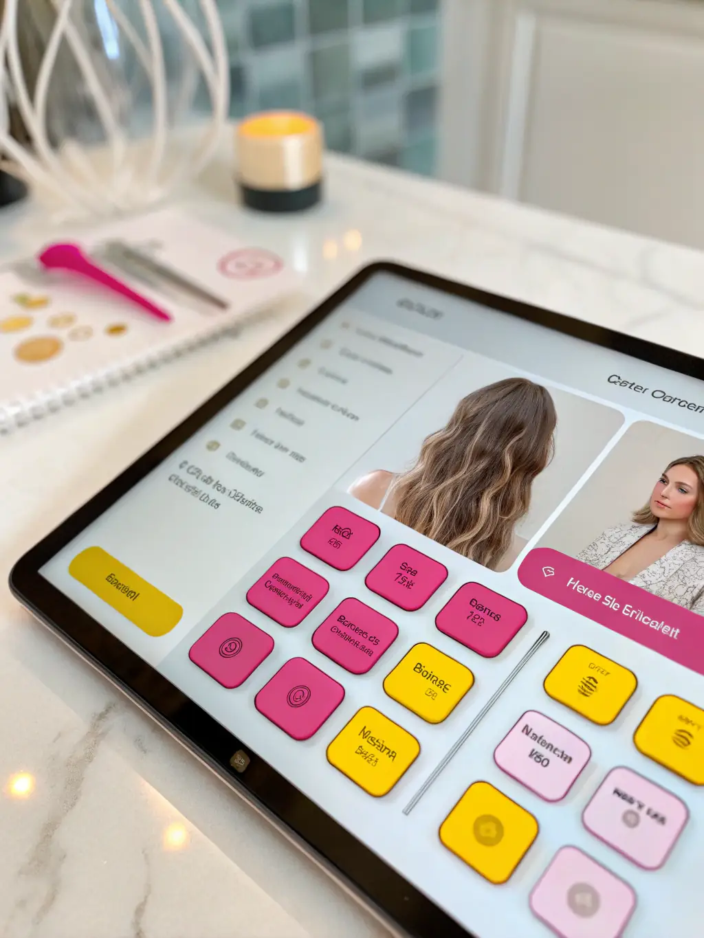 A close-up of a digital hair quiz on a tablet, showing interactive questions about hair texture, length, and goals, with elegant UI elements in white and gold.