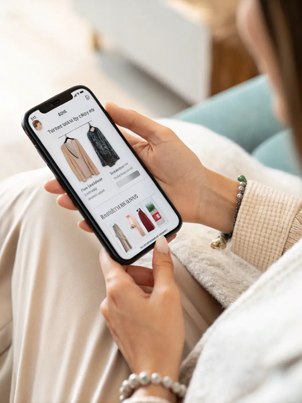 A sleek, modern interface of the T3 MICRO AI Hair Styling Advisor displayed on a smartphone, with a user selecting hair goals and seeing instant style suggestions, set against a minimal black and champagne gold background.